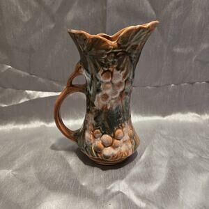 Pottery Footed Pitcher Vase Blue Greenish Brown Grape Vine 1940s Vintage
